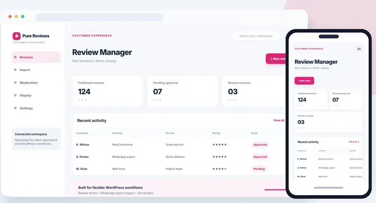 Pure Reviews dashboard