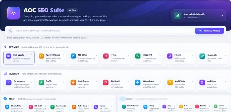AOC Pages SEO Suite dashboard