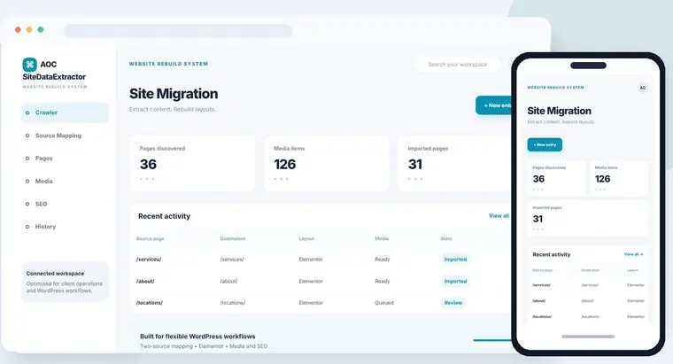 AOC SiteDataExtractor Pro dashboard